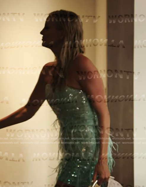 Whitney's blue feather trim mini dress on The Real Housewives Ultimate Girls Trip
