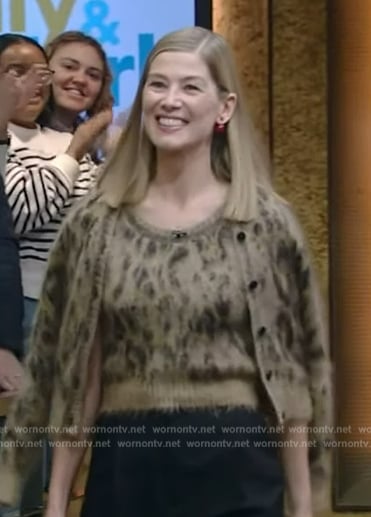 Rosamund Pike's leopard print mohair tank and cardigan on Live with Kelly and Mark