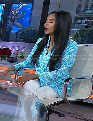 Dr. Roshini Raj's blue printed blouse on Today