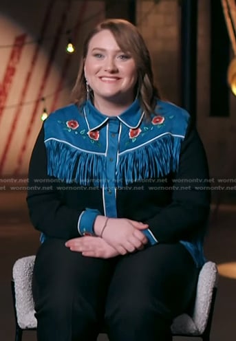 Ruby Leigh's black and blue fringed western shirt on The Voice