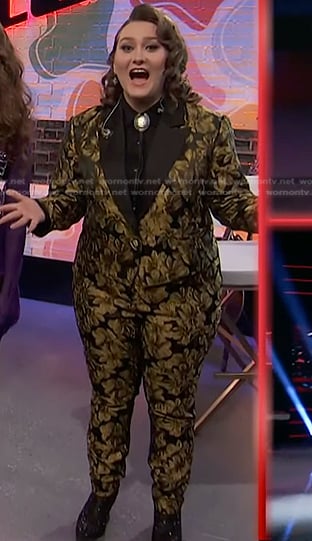 Ruby Leigh's metallic floral blazer and pants on The Voice