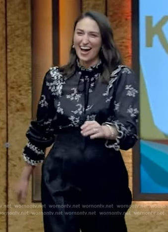 Sara Bareilles's black floral print blouse on Live with Kelly and Mark