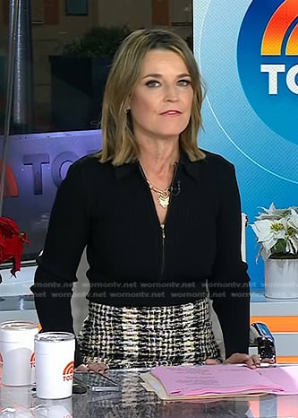 Savannah's black half-zip sweater and plaid skirt on Today