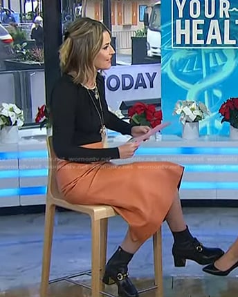Savannah's black top and orange leather skirt on Today
