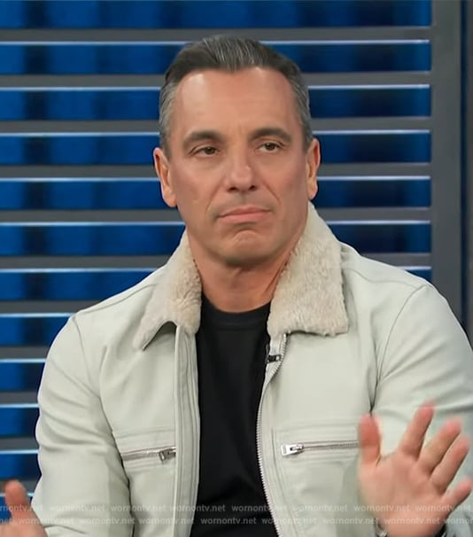 Sebastian Maniscalco's leather jacket with shearling collar on Access Hollywood