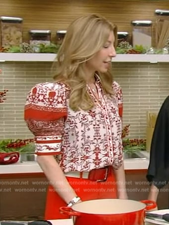 Shereen Pavlides's printed puff sleeve top on Live with Kelly and Mark