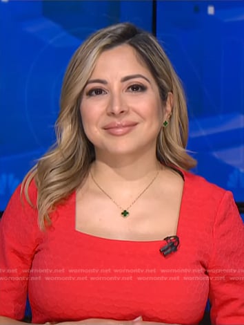 Silvana Henao's red square neck honeycomb dress on NBC News Daily