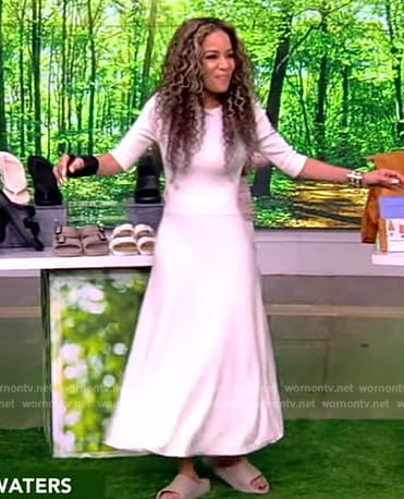 Sunny's white short sleeve satin midi dress on The View