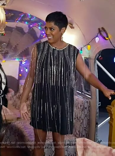Tamron's black crystal embellished mini dress on Tamron Hall Show