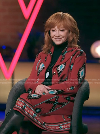 Reba's red aztec print cardigan jacket on The Voice
