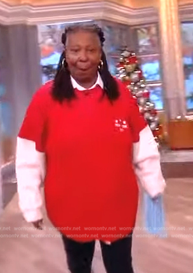 Whoopi's red colorblock sweater on The View