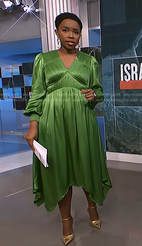 Zinhle's green v-neck satin dress on NBC News Daily