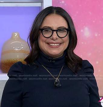 Jennifer Racioppi's navy puff sleeve turtleneck top on Today