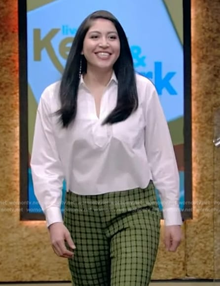 Alaqua Cox's white v-neck blouse and green check pants on Live with Kelly and Mark