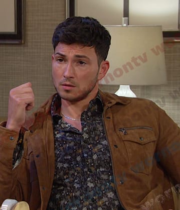 Alex's black floral shirt and camel suede jacket on Days of our Lives
