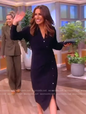 Alyssa's navy button front wrap midi dress on The View