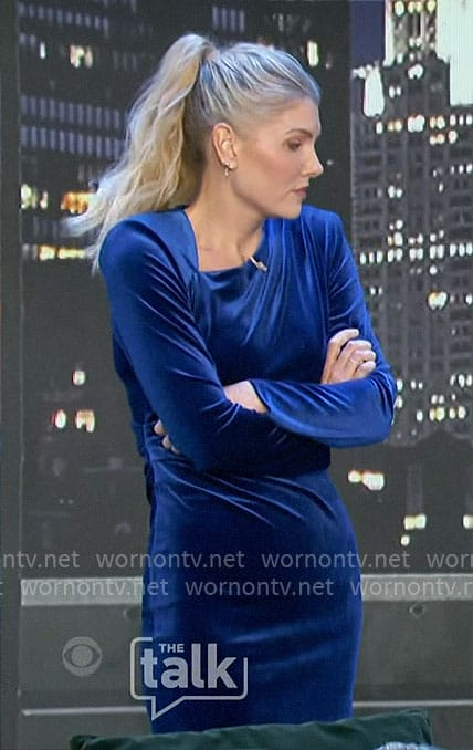 Amanda's blue velvet asymmetric neckline dress on The Talk
