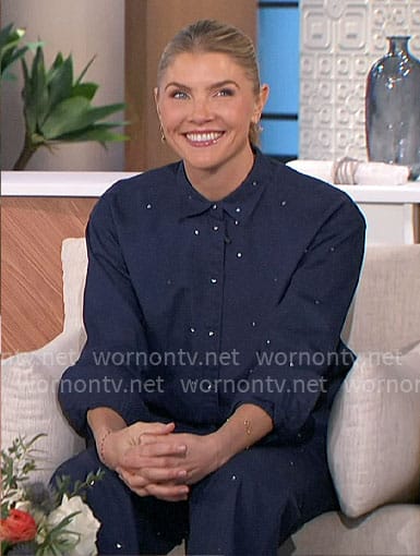 Amanda's navy blue rhinestone studded shirt and pants set on The Talk