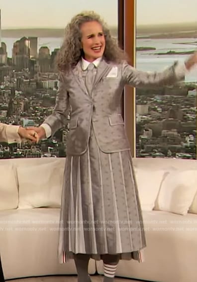 Andie MacDowell's gray paisley print blazer and skirt on The Drew Barrymore Show