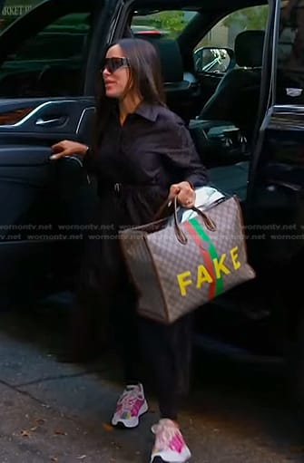 Angie's Fake print tote bag and sneakers on The Real Housewives of Salt Lake City