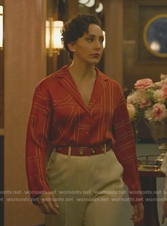 Anna's red monogram button down blouse on Death and Other Details