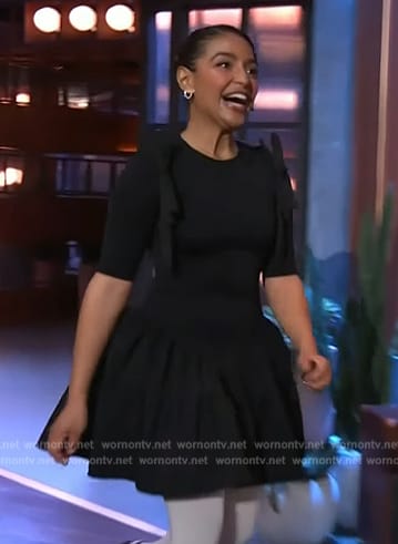 Coral Peña's black tie shoulder mini dress on The Kelly Clarkson Show