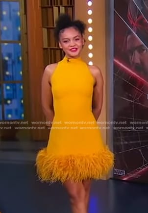 Celeste O'Connor's yellow feather trim mini dress on Good Morning America