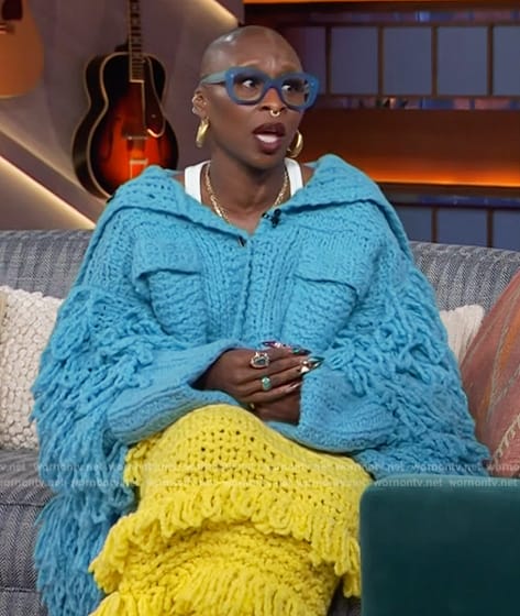 Cynthia Erivo's blue crochet knit jacket on The Kelly Clarkson Show