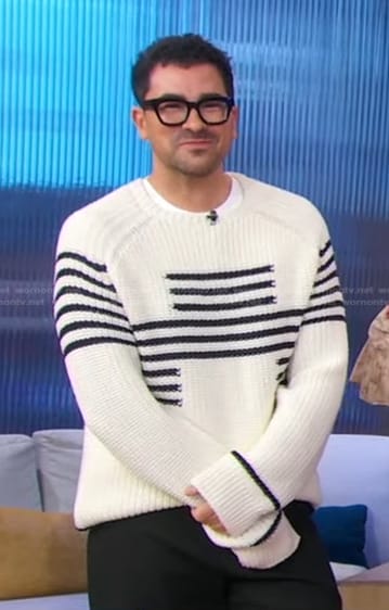 Dan Levy's white striped knit sweater on Good Morning America