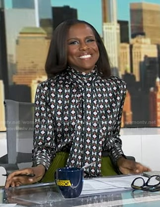 Deborah's geometric print tie neck blouse on Good Morning America