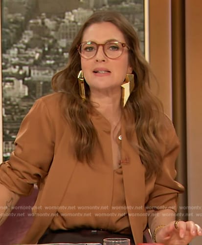 Drew's brown satin tie neck blouse on The Drew Barrymore Show