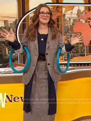 Drew's check blazer and skirt on The Drew Barrymore Show