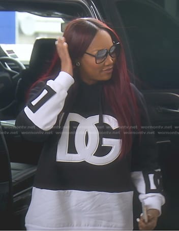 Garcelle's black DG colorblock hoodie on The Real Housewives of Beverly Hills