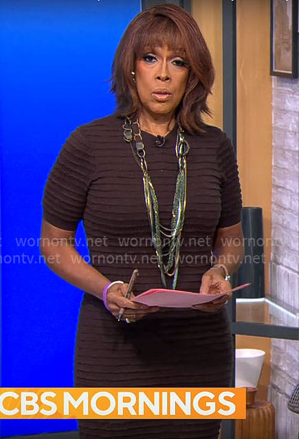 Gayle King's brown ribbed short sleeve dress on CBS Mornings