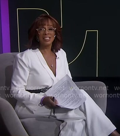 Gayle King's white v-neck jumpsuit on CBS Mornings