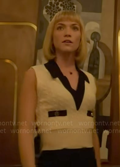 Imogene's cable knit sweater vest with contrasting trims on Death and Other Details