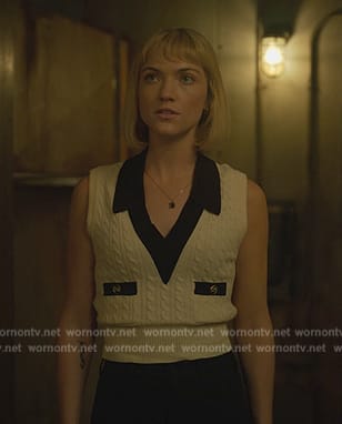 Imogene's white contrast sleeveless sweater on Death and Other Details