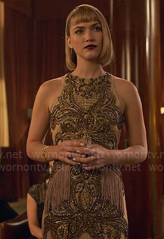 Imogene's bead embellished fringe dress on Death and Other Details