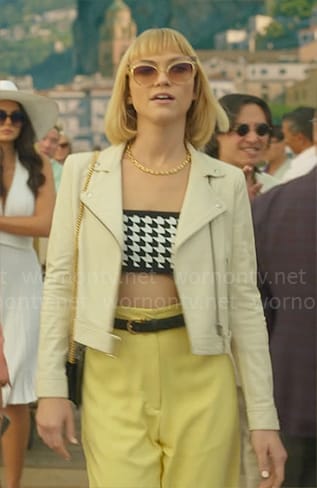 Imogene's houndstooth crop top and leather jacket on Death and Other Details