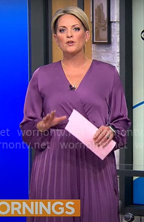 Jamie Yuccas' purple pleated wrap dress on CBS Mornings