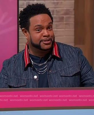 Jawn's denim jacket with striped collar on Sherri