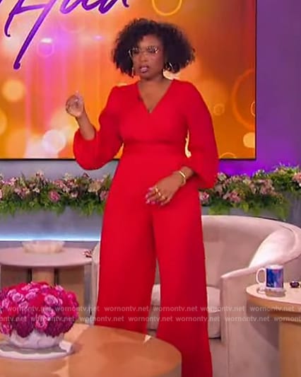 Jennifer's red wrap jumpsuit on The Jennifer Hudson Show