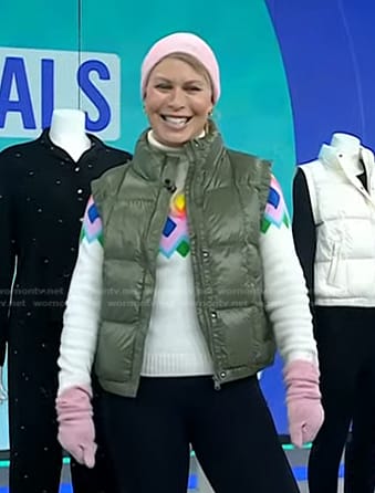 Jill's white fair isle sweater and green down vest on Today