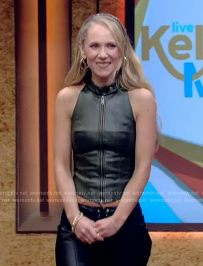 Juno Temple's green leather top on Live with Kelly and Mark