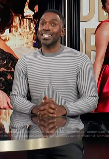 Justin's gray striped sweater on E! News