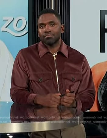 Justin's burgundy zip front jacket on E! News