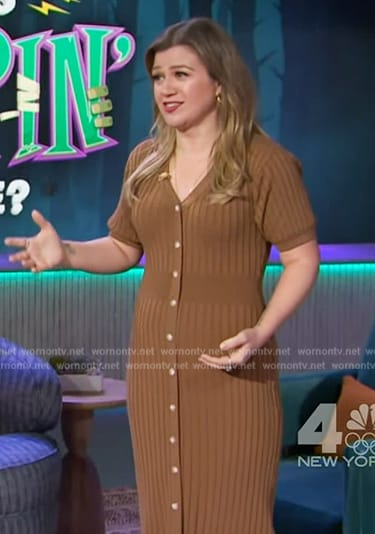 Kelly's brown ribbed button front dress on The Kelly Clarkson Show