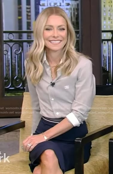 Kelly's gray blouse and skirt on Live with Kelly and Mark