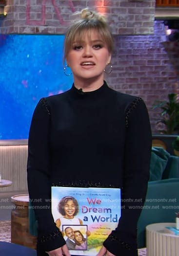 Kelly's black embellished mock neck dress on The Kelly Clarkson Show
