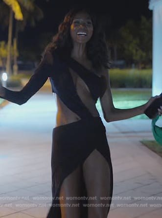 Kiki's black one sleeve cutout maxi dress on The Real Housewives of Miami